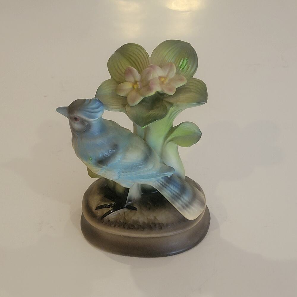 Vintage ceramic figurine blue jay perched delicate pink and green flowers